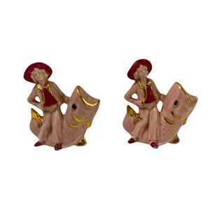 Vintage Cowgirl & Koi Pink Fish Salt Shakers Ceramic Gold Accents Rare 1940's